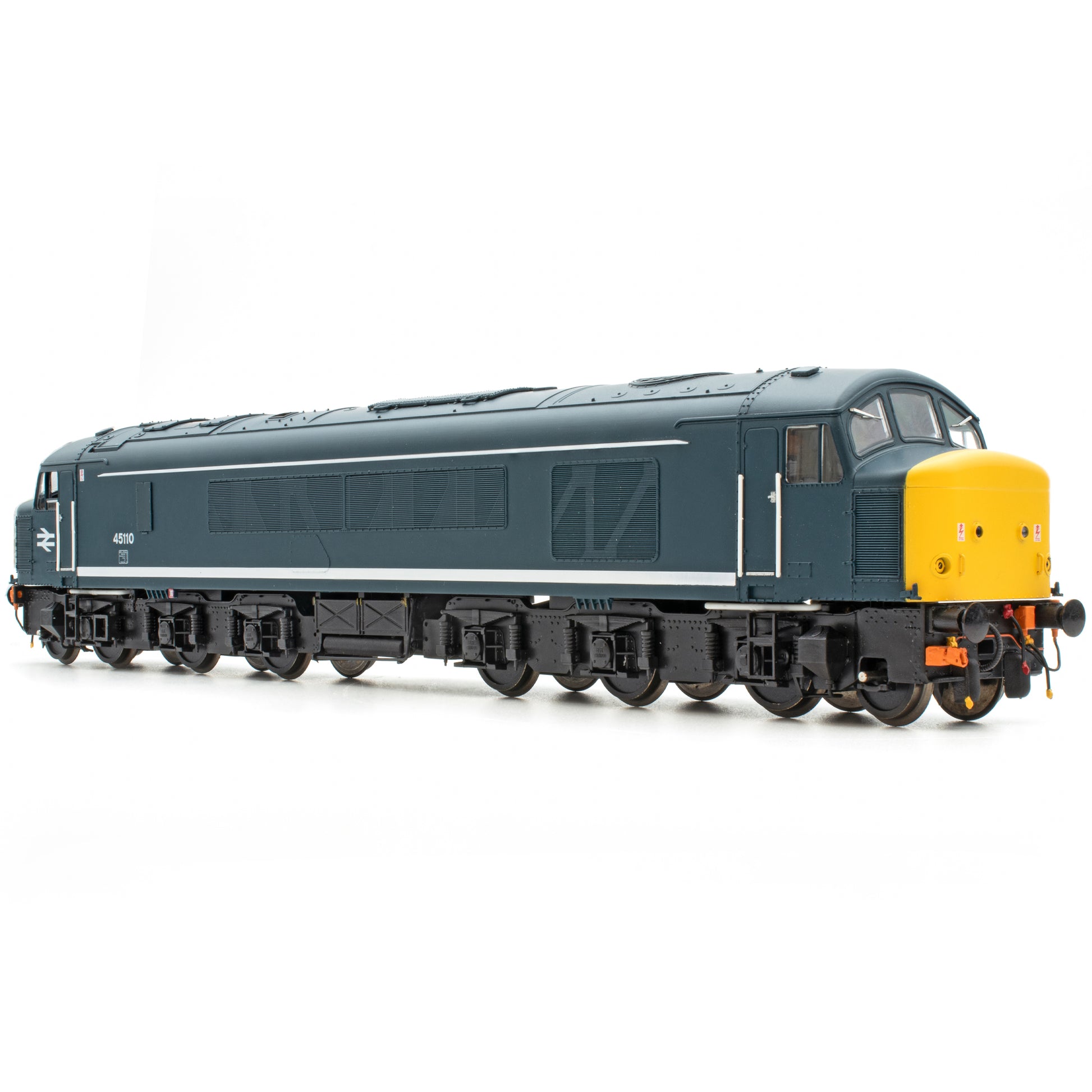 A detailed model train locomotive photographed on a seamless white studio background. The train features a dark slate blue body with a white stripe, black undercarriage and wheels, and a bright yellow front cab end.