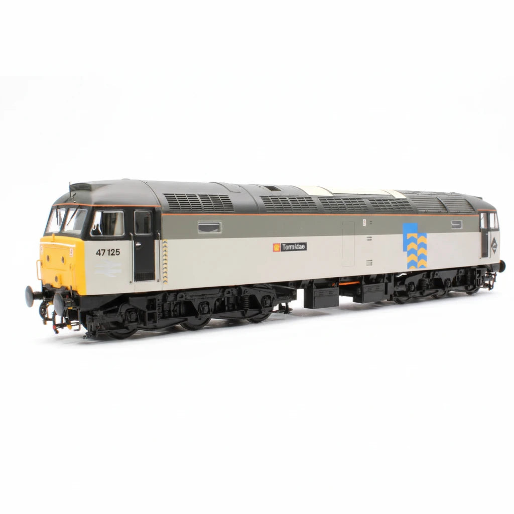 Model train with a gray and beige body, yellow front, and blue logo on a white background