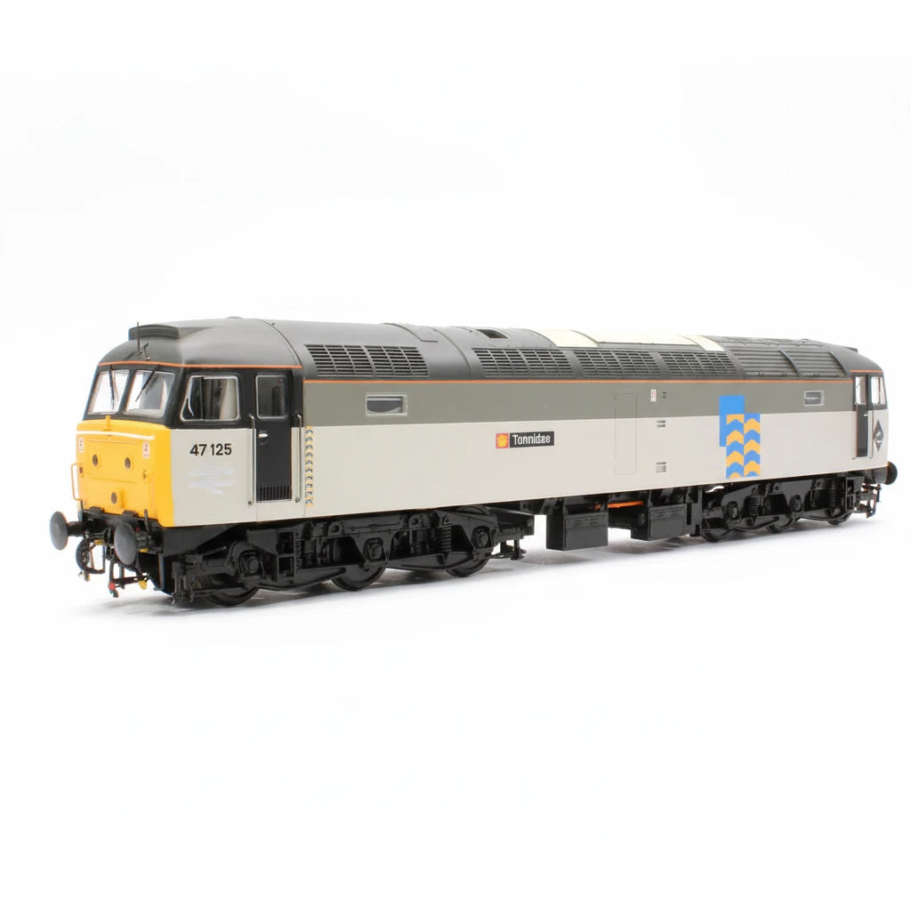 Model train with a gray and beige body, yellow front, and blue logo on a white background