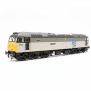 Model train with a gray and beige body, yellow front, and blue logo on a white background