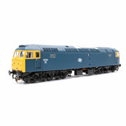 Model train engine with blue and yellow design on a white background