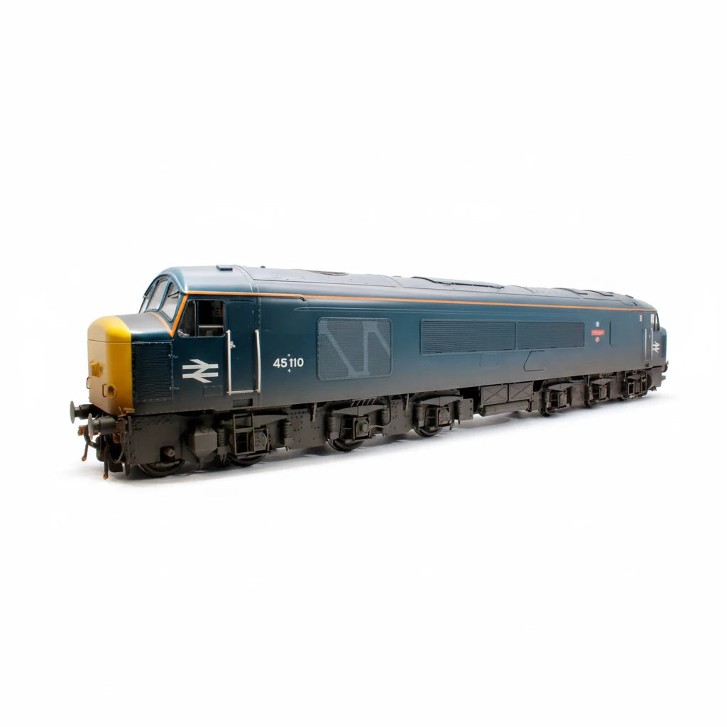 Model train in blue and yellow livery on a white background