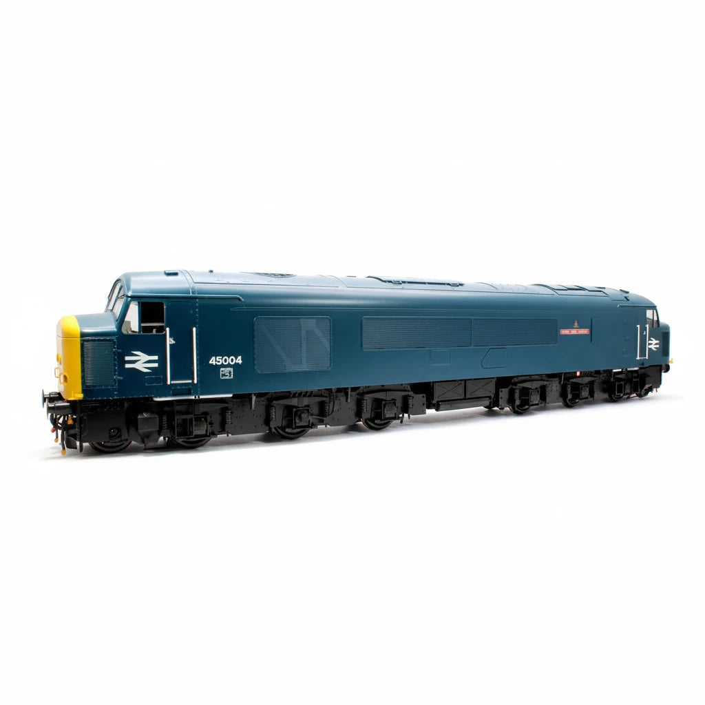 Model of a blue diesel locomotive with yellow front on a white background