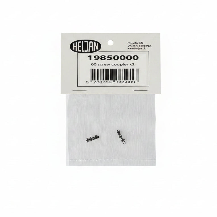 Heljan 19850000 00 scale screw coupler x2 in a clear plastic bag with a white paper header card.