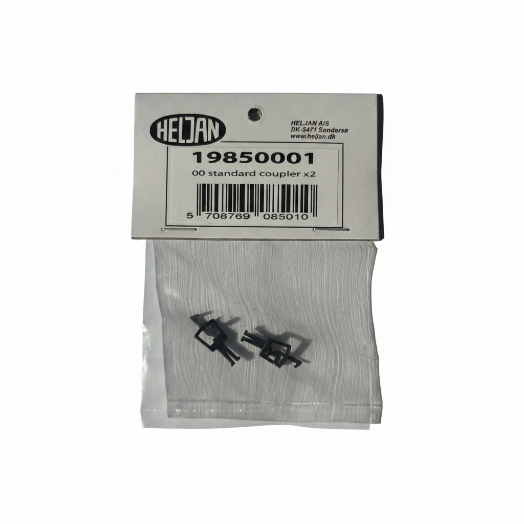 A clear plastic bag containing two small black metal couplers, attached to a white cardboard header card printed with the brand HELJAN and product number 19850001.