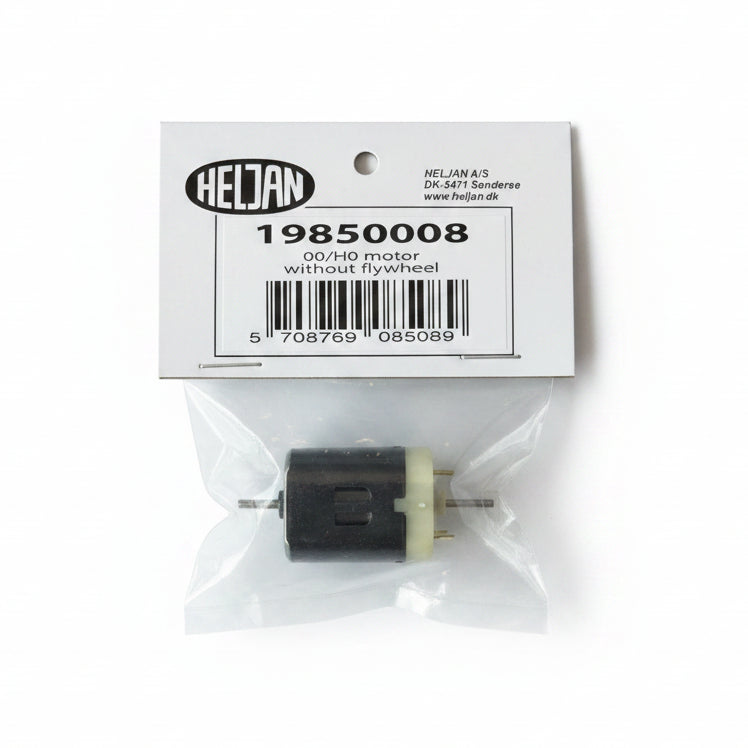 A small black electric motor part in a clear plastic bag with a white paper label. The label shows the brand HELJAN, part number 19850008, and the text '00/H0 motor without flywheel'.
