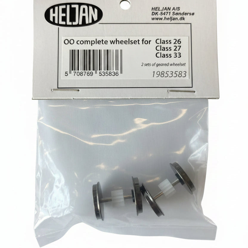 Heljan OO complete wheelset for Class 26, 27, and 33 trains, containing two sets of ground wheels, displayed in a clear plastic bag with a white paper header card.