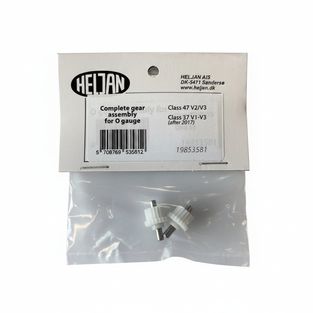 A small packaged mechanical parts set labeled 'Heitan Complete gear assembly for O gauge' in a clear plastic bag with a white paper header card, photographed against a plain light background.