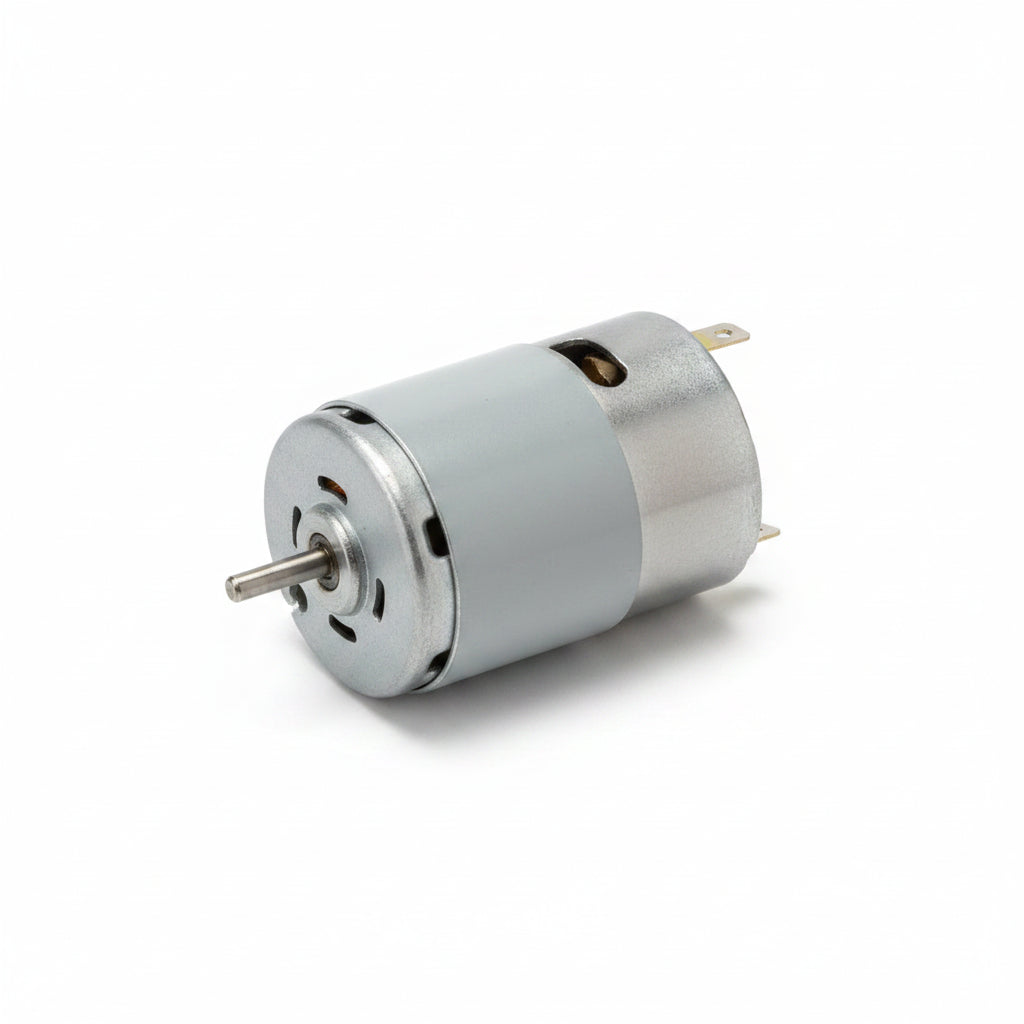 A small gray electric motor in a clear plastic bag with a white Heltjan brand header card, photographed on a plain white background.