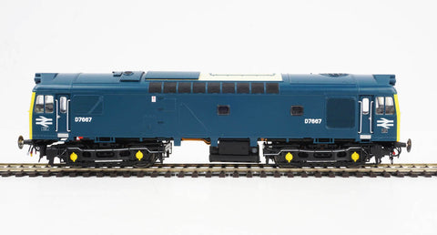 Class 25/3 BR rail blue D7667 with full yellow ends (twin double arrows – 1,000th loco built at Derby Works)