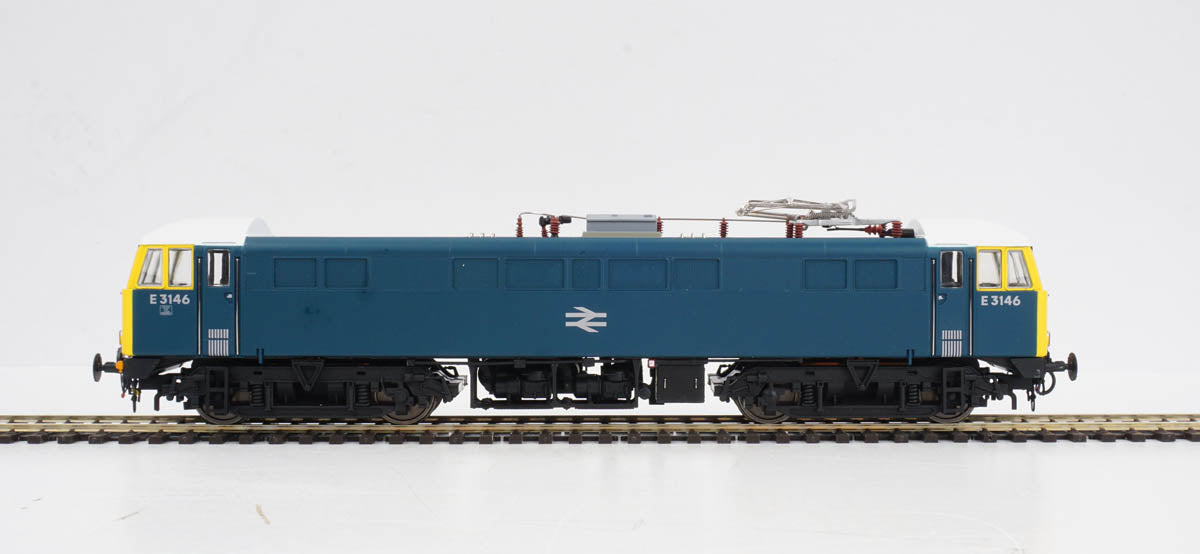 Class 86 BR rail blue E3146 with double arrow logo, fye, white cab roof and black bufferbeams