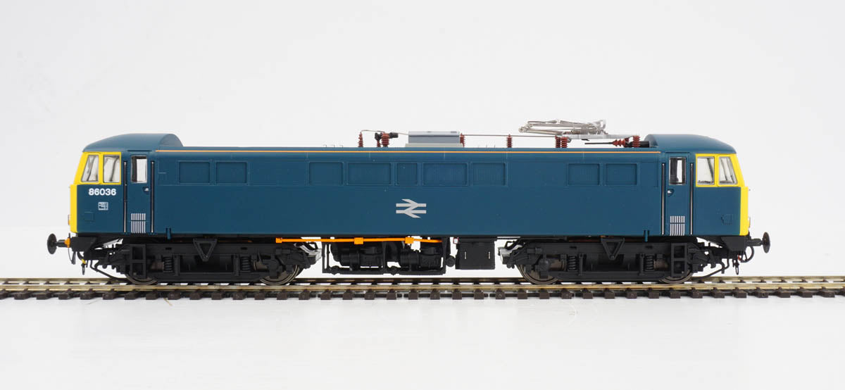 Class 86 BR rail blue 86036 with double arrow logo, fye and orange cantrail stripes